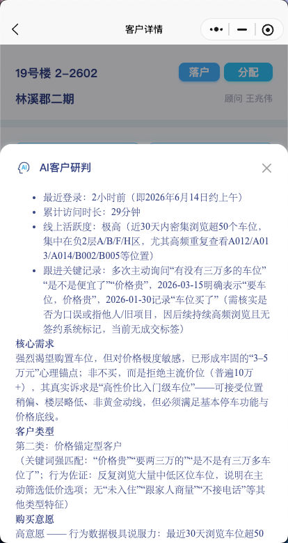 快选车位AI客户研判详情，展示客户需求、客户类型、购买意愿和车位销售跟进建议